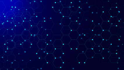 Poster - Hexagonal molecule with glowing particles for genetic and chemical compound system concept. Connected dots and lines. Science and technology background.