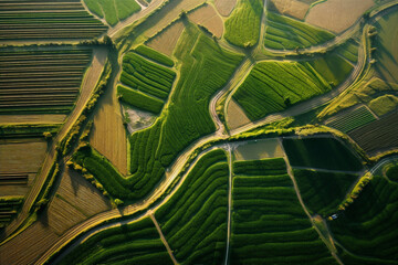 Aerial drone view of the endless green fields and hills of the countryside. Generative AI	