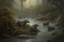 A Family Of Platypuses Swimming In A River Surrounded By A Dense Forest, Generate Ai
