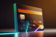 glowing credit debit card on a black background. bank payment system. money and loans. AI generative