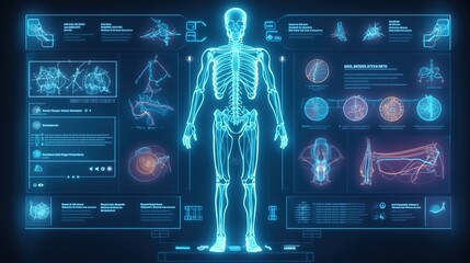 Poster - Human body low poly wireframe. Hud,GUI for game background design. Technology background. Digital data. Generative AI