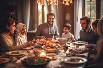 Wall Mural - A family gathered around a beautifully set dinner table, Eid-al-Adha, bokeh Generative AI