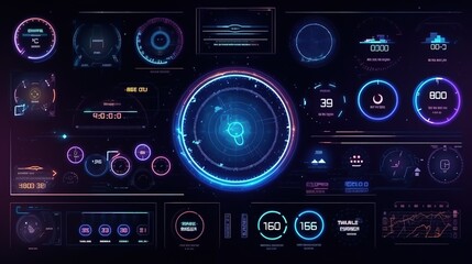 Poster - HUD Futuristic Elements Set By Communication And Loading Bars Screen Circles Frames.Hud,GUI for game background design. Technology background. Digital data. Generative AI