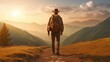 Hiker with backpack hiking on the top of a mountain - Man walking on forest path at sunset - Focus on the guy - sunset in the mountains - person in the mountains, Generative AI