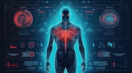 Canvas Print - Human body low poly wireframe. Hud,GUI for game background design. Technology background. Digital data. Generative AI