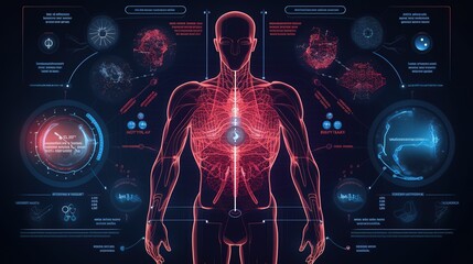 Poster - Human body low poly wireframe. Hud,GUI for game background design. Technology background. Digital data. Generative AI