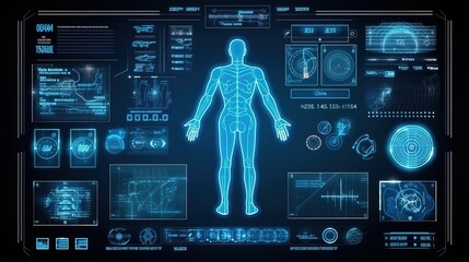 Poster - Human body low poly wireframe. Hud,GUI for game background design. Technology background. Digital data. Generative AI