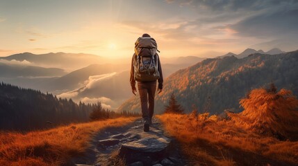 Hiker with backpack hiking on the top of a mountain - Man walking on forest path at sunset - Focus on the guy - sunset in the mountains