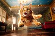 A playful cat, with boundless energy, joyfully jumps towards the camera in an uproarious and unexpected comedy scene. Generative AI