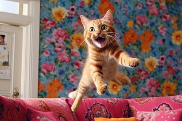 A playful cat, with boundless energy, joyfully jumps towards the camera in an uproarious and unexpected comedy scene. Generative AI