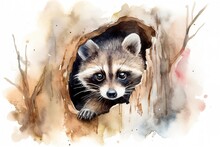 Paint A Curious Raccoon Peeking Out Of A Tree Hollow Watercolor Painting, Beautiful Natural Forms, Crisp Clean Shapes, Colorful, White Background, Generate Ai