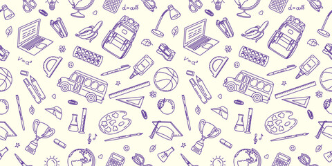 Seamless pattern of school supplies in doodle style. Vector hand drawn pattern on the school theme