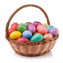 Wall Mural -  Easter basket filled with colorful eggs isolated on white background