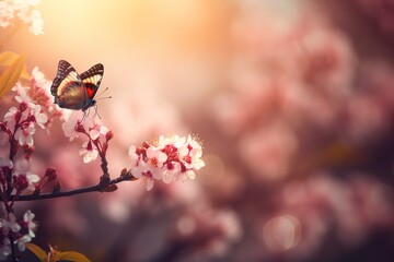 Wall Mural - Spring banner, branches of blossoming cherry against the background of blue sky, and butterflies on nature outdoors. 