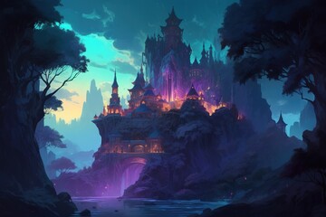 Wall Mural - a picture of a castle situated smack dab in the midst of a forest Generative AI