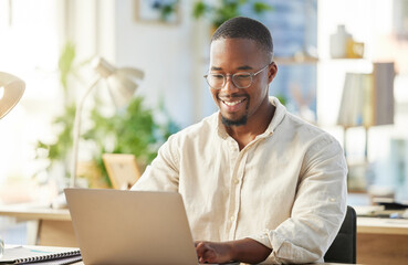 Black business man, startup and typing with laptop, smile and happy with web design, planning or development. African developer, businessman or entrepreneur with computer for coding in modern office