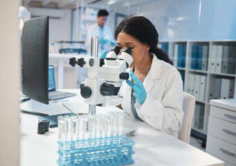 Poster - Science, investigation and microscope with a woman at work in a laboratory for research or innovation. Healthcare, medical and development with a female scientist working in a lab for pharmaceuticals