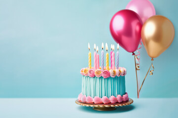 Poster - Birthday cake with piped buttercream flowers, birthday candles and balloons