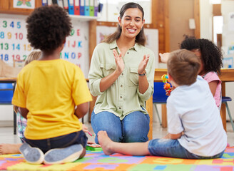 Aufkleber - Diversity, teacher with children at school and playing together in a classroom at. Teaching or learning, education or collaboration and happy female person with preschool kids play on floor in class