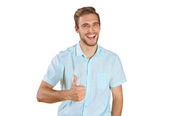 Young man showing thumbs up isolated on a transparent background