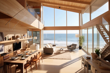 luxury interior of beach house with sea view. generative ai