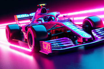 Canvas Print - high speed neon racing car with glowing pink and blue lines and lights, concept and symbol of high speed, connection, stability. generative ai