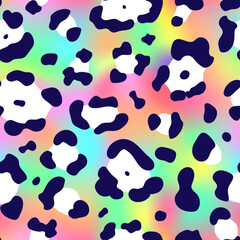 Poster - Trendy Neon Leopard seamless pattern. Vector rainbow wild animal leo skin, cheetah texture with black white spots on rainbow gradient for fashion print design, textile, wrapping paper, backgrounds.