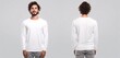 Shirt design and people concept - close up of young man in blank white tshirt front and rear isolated. Mock up template. Generative Ai.