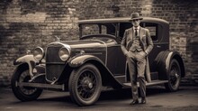Vintage Car With A Man In Tweed Suit In Sepia - Generative AI