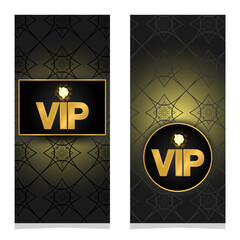 Flyer with a premium class ticket for VIP guests of the club. Black and gold design template. Pattern decorative vector background