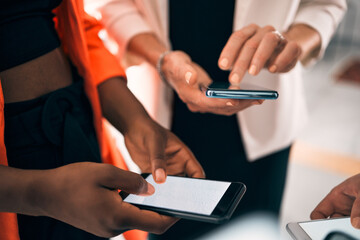 Aufkleber - Phone screen, mockup and people hands typing for business communication, contact us and social media chat. Mobile app, networking and group of women for connection, collaboration and internet search
