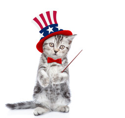 Poster - Cute kitten wearing like Uncle Sam points away on empty space. isolated on white background