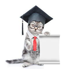 Poster - Happy graduated cat wearing necktie standing on hind legs and shows empty list. isolated on white background