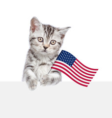 Poster - Cute kitten celebrating  independence day 4th of july with USA flag above empty white banner. isolated on white background