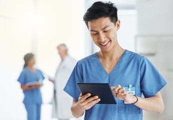 Poster - Asian man, smile and nurse with tablet for research, telehealth or healthcare in hospital. Technology, medical professional and male doctor with touchscreen, wellness app and online consultation.