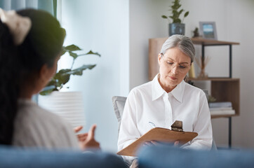 Poster - Woman, therapist and writing on clipboard in consultation for mental health, psychology or healthcare. Female person or psychologist taking notes and consulting patient, anxiety or stress in therapy