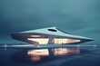 © ADDICTIVE STOCK - Generative AI image of exterior of futuristic building with glass walls built over sea with lights reflecting in blue seawater against overcast sky