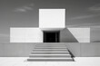 © ADDICTIVE STOCK - Generative AI black and white image of minimalistic house with dark glass entrance white walls and gray concrete stairs