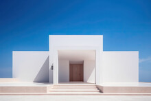 Generative AI Image Of Minimalistic House With Wooden Door Entrance White Walls And Corridor With Steps Located Against Blue Sky With Sparse Clouds