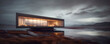 © ADDICTIVE STOCK - Generative AI illustration of exterior of illuminated modern futuristic cubical building with glassy facade located on shore of lake with cloudy sky