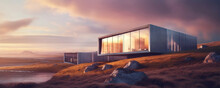 Generative AI Illustration Of Exterior Of Modern Futuristic Cubicle Building Located On Shore Of Sea Against Cloudy Sundown Sky In Evening