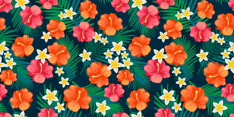 tropical floral seamless pattern with bright hibiscus, white, yellow frangipani and dark color fern 