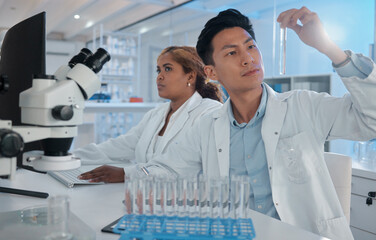 Poster - Sample analysis, science and scientist in a lab for research, chemistry test and chemical work. Futuristic, physics and a male laboratory technician with liquid for pharmaceutical exam and innovation