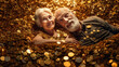An elderly couple lies on a pile of gold coins after wins lottery created with generative AI technology