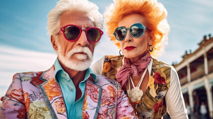 Portrait of a stylish elderly couple created with generative AI technology