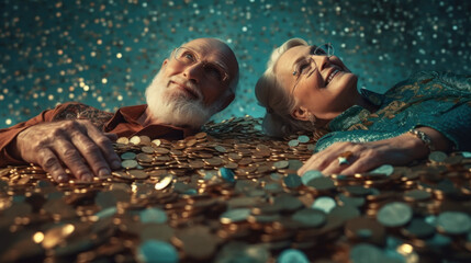 An elderly couple lies on a pile of gold coins after wins lottery created with generative AI technology