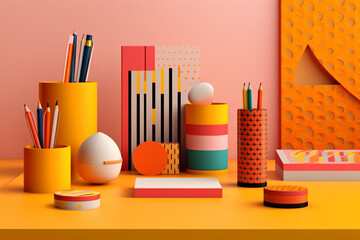 Aufkleber - A set of geometric-inspired stationery items, with notebooks, pens, and desk accessories featuring geometric patterns, perfect for the modern workspace. Generative AI technology.