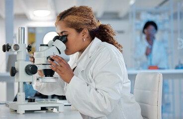 Aufkleber - Science, development and microscope with a woman at work in a laboratory for research or innovation. Healthcare, medical and investigation with a female scientist working in a lab for pharmaceuticals