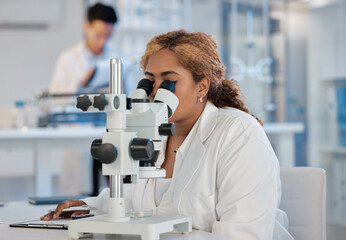 Poster - Science, research and microscope with a woman at work in a laboratory for innovation or investigation. Healthcare, medical and experiment with a female scientist working in a lab for pharmaceuticals