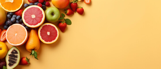 Assortment of fruits on yellow pastel with copy space 